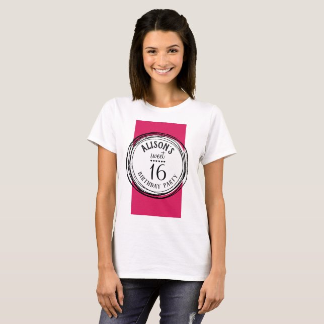 Camiseta de 16 años de fucsia rosa caliente. (Anverso completo)