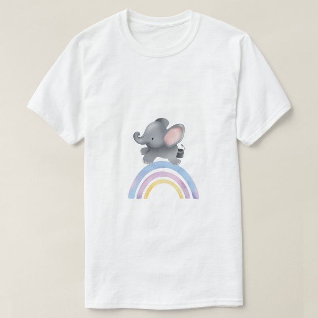 Camiseta de Acuarela de Elefante Bebé en Arcoíris (Diseño del anverso)