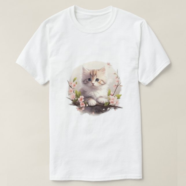 Camiseta de Acuarela de Gatito Esponjoso con Flore (Diseño del anverso)