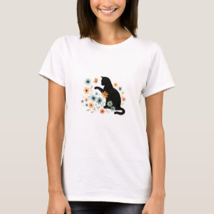 Camiseta de acuarela de gato negro floral para muj
