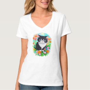 Camiseta de Acuarela del Jardín Floral del Gatito 