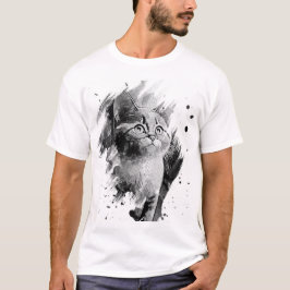 Camiseta de Acuarela Gato Agradable Blanco y Negro