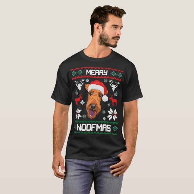 Camiseta de Airedale Terrier Merry Woofmas Navidad (Anverso completo)