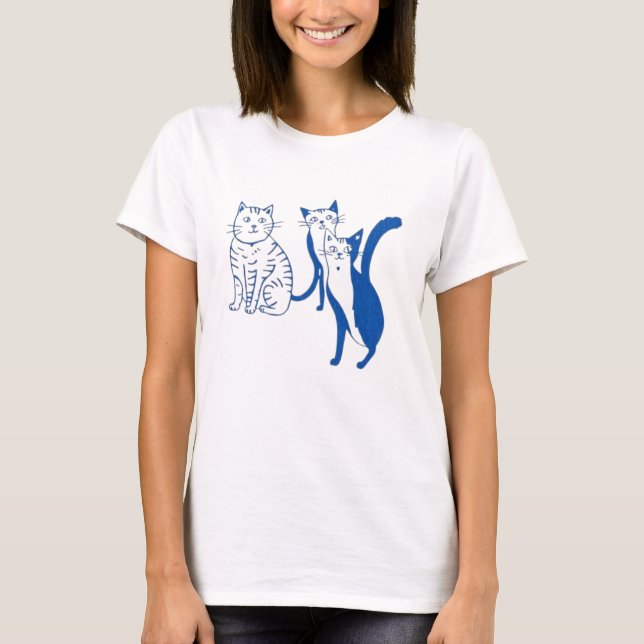 Camiseta de Algodón Cuello Redondo Gato Arte Línea (Anverso)