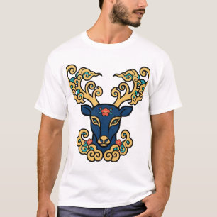 Camiseta de Arte Chino Ciervo Azul Cuerno Dorado N