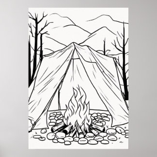 Camiseta de arte de línea de fogata de campamento 