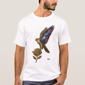Camiseta de arte de pájaro dorado y rosa elegante