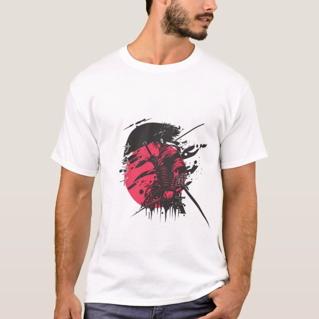 Camiseta de arte de tinta de guerrero samurái rojo (Anverso)