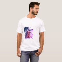 Camiseta de Arte de Tinta Samurái Doble Cara Azul