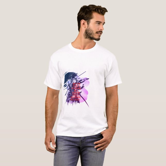 Camiseta de Arte de Tinta Samurái Doble Cara Azul  (Anverso completo)
