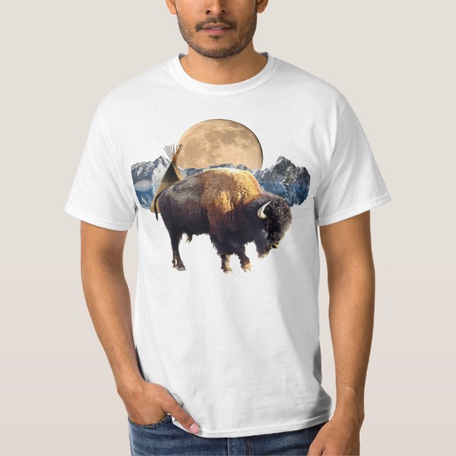 Camiseta de arte de vida salvaje de búfalo, luna y (Anverso)
