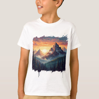 Camiseta de arte del bosque de montaña al atardece