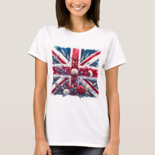 Camiseta de bandera británica y claveles para muje