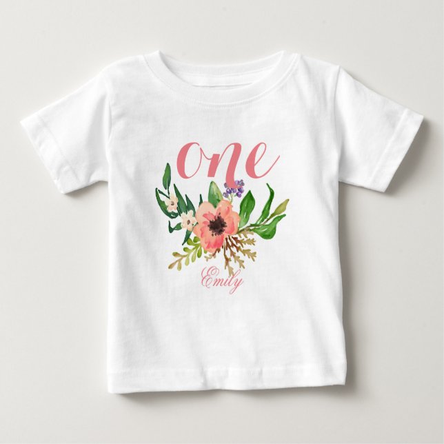 Camiseta De Bebé 1.ª acuarela floral personalizada-3 (Anverso)