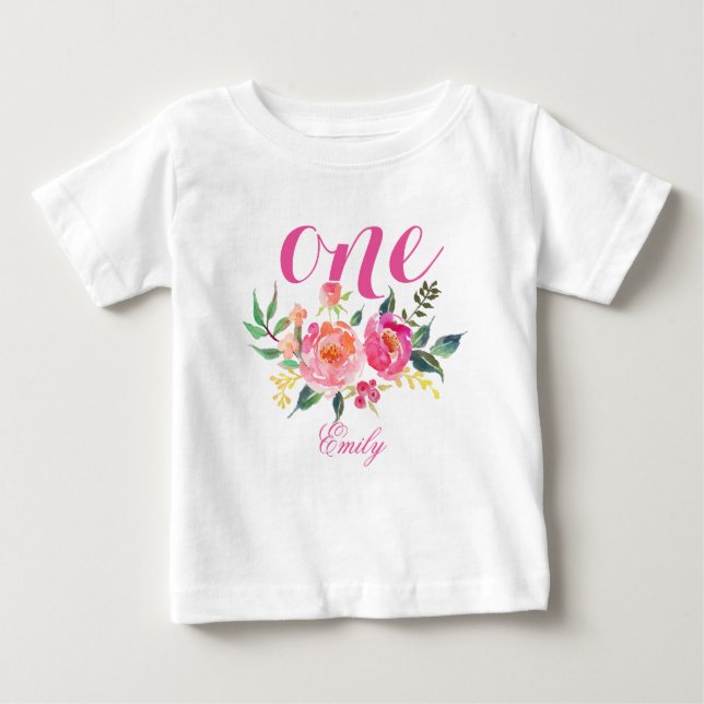 Camiseta De Bebé 1.ª acuarela floral personalizada-4 (Anverso)