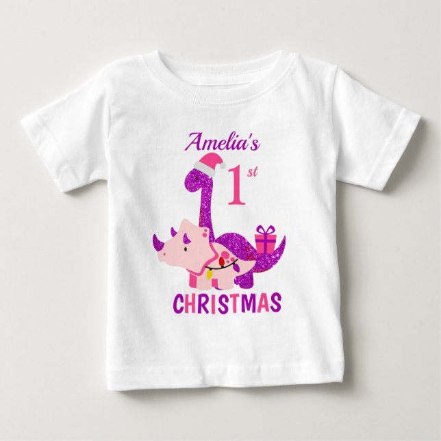 Camiseta De Bebé 1.ª Navidad Purpurina de Dinosaurio Púrpura (Anverso)