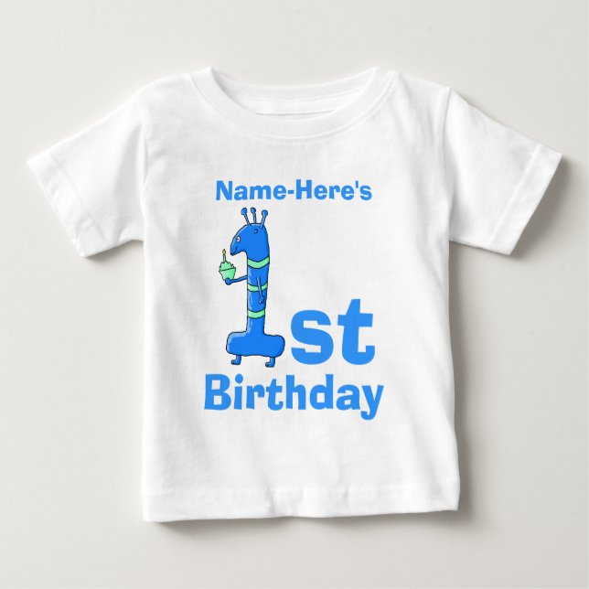 Camiseta De Bebé 1.ª personalizado de cumpleaños, de azul. Nombre p (Anverso)