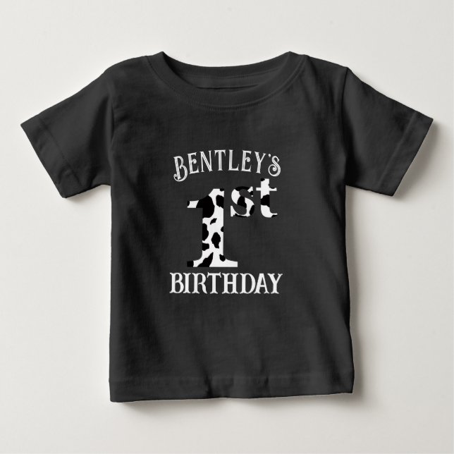 Camiseta De Bebé 1.ª Vaca de cumpleaños Imprimir texto blanco (Anverso)