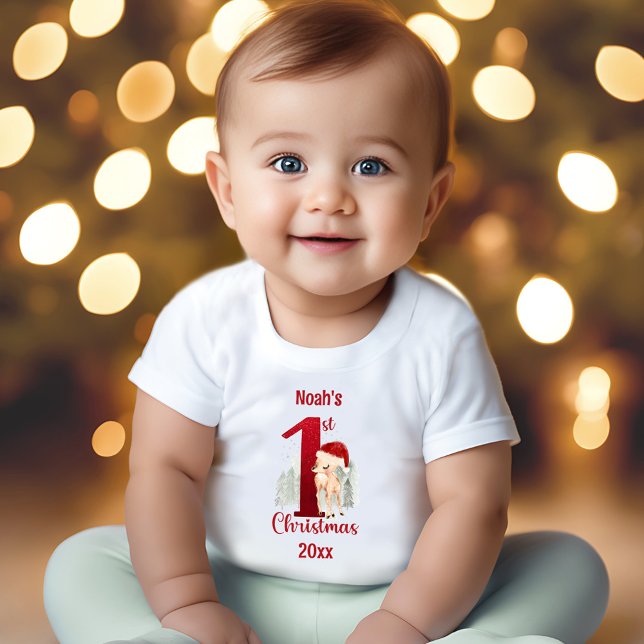 Camiseta De Bebé 1.ᵉʳ bosque de ciervos Navidades (1st Christmas Cute Deer Forest Baby T-Shirt)