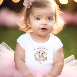 Camiseta De Bebé 1.ᵉʳ Chica de cumpleaños Elephant Nombre personali