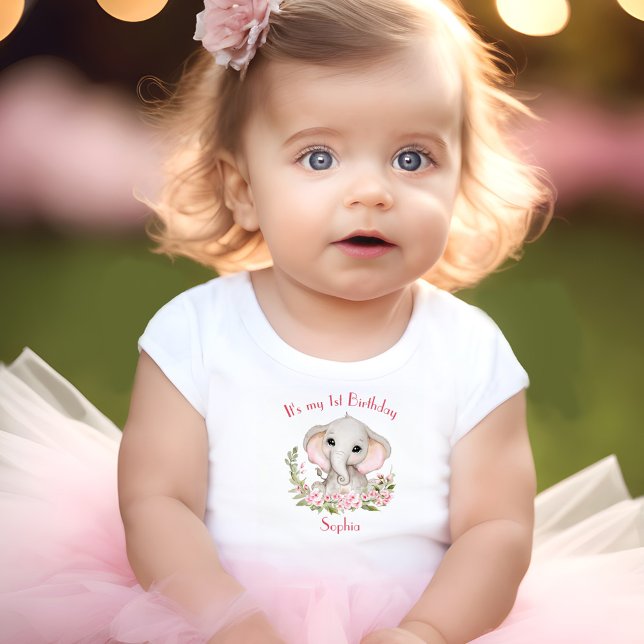 Camiseta De Bebé 1.ᵉʳ Chica de cumpleaños Elephant Nombre personali (First Birthday Girl Elephant Pink Personalized Baby T-Shirt)