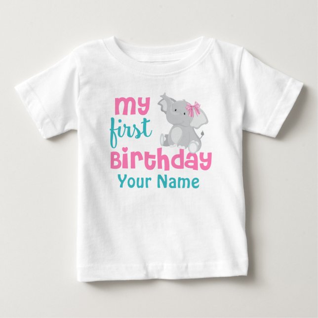 Camiseta De Bebé 1.ᵉʳ Chica de cumpleaños Elephant Pink personaliza (Anverso)