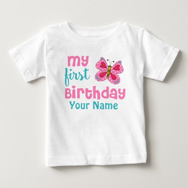 Camiseta De Bebé 1.ᵉʳ Chica de cumpleaños mariposa rosa personaliza (Anverso)