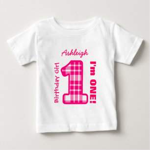 Camiseta De Bebé 1.ᵉʳ Chica de cumpleaños PLAID Nombre personalizad
