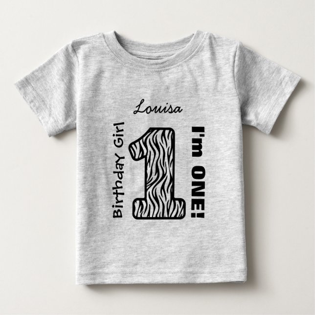 Camiseta De Bebé 1.ᵉʳ Chica de cumpleaños ZEBRA Personalizado de un (Anverso)