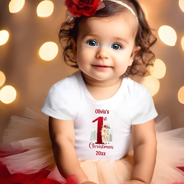 Camiseta De Bebé 1.ᵉʳ Chica de nombres de bosque de ciervos (1st Christmas Cute Deer Forest Girl Name Baby T-Shirt)