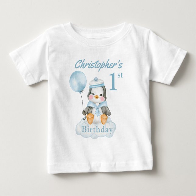 Camiseta De Bebé 1.ᵉʳ cumpleaños Azul pingüino personaliza la camis (Anverso)