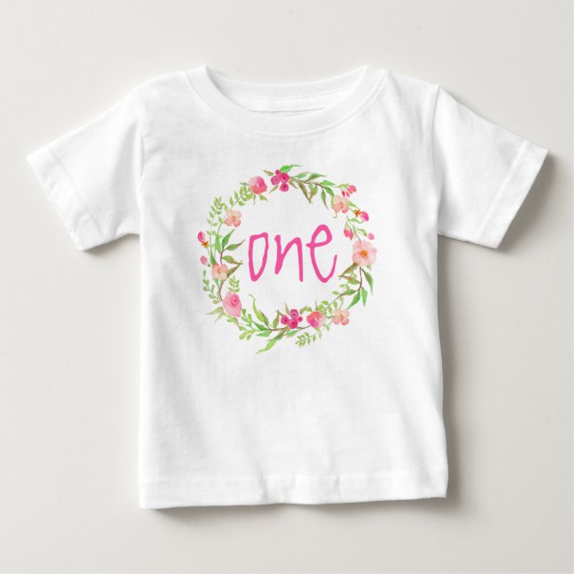 Camiseta De Bebé 1.ᵉʳ cumpleaños Bebé Chica Acuarela Floral Wreath (Anverso)