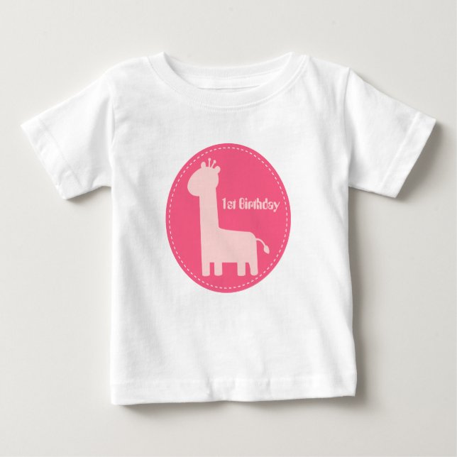 Camiseta De Bebé 1.ᵉʳ cumpleaños - Bebé Chica Rosa Giraffe Silhouet (Anverso)