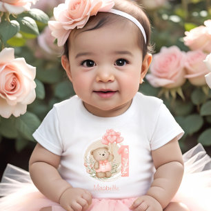Camiseta De Bebé 1.ᵉʳ cumpleaños Cute Teddy Bear Chica Nombre Peach
