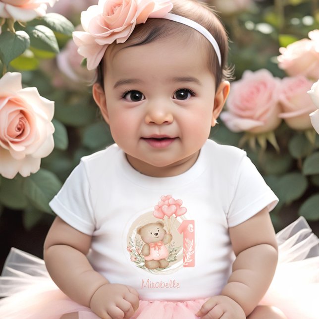 Camiseta De Bebé 1.ᵉʳ cumpleaños Cute Teddy Bear Chica Nombre Peach (1st Birthday Cute Teddy Bear Girl Name Peachy Baby T-Shirt)