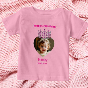Camiseta De Bebé 1.ᵉʳ cumpleaños foto de nombre rosa tiara bebé