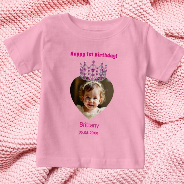 Camiseta De Bebé 1.ᵉʳ cumpleaños foto de nombre rosa tiara bebé (Subido por el creador)