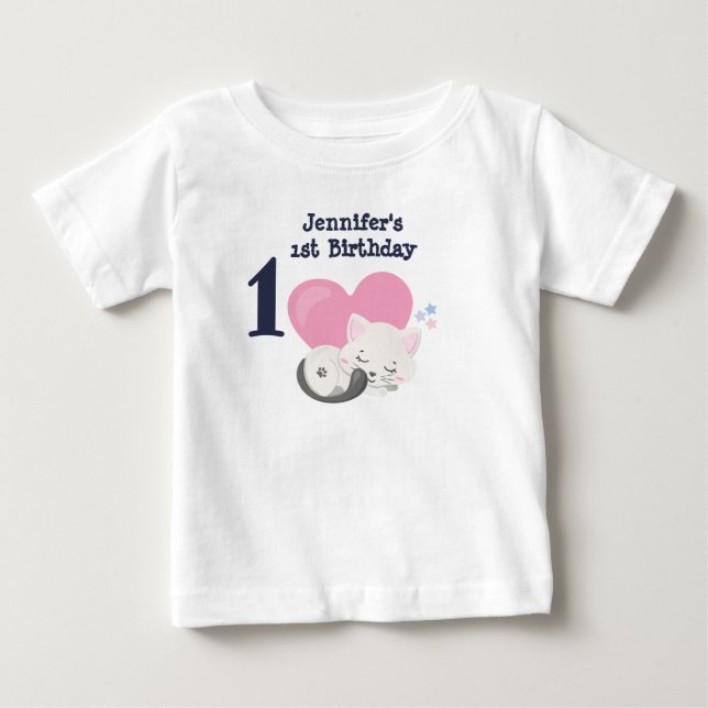 Camiseta De Bebé 1.ᵉʳ Cumpleaños Gato Gato Gatito Blanco Dormido (Anverso)