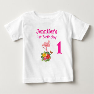 Camiseta De Bebé 1.ᵉʳ Flamingo Rosa y Hibiscus Tropical