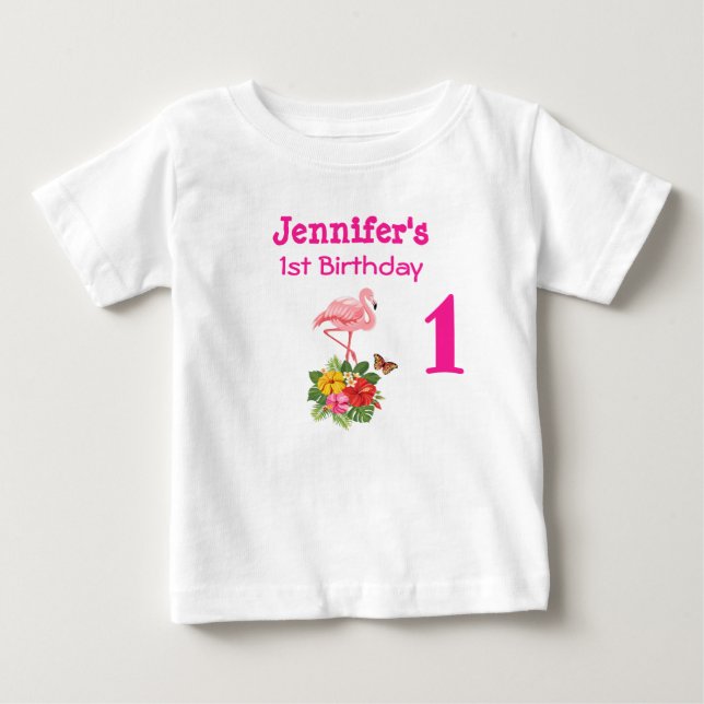 Camiseta De Bebé 1.ᵉʳ Flamingo Rosa y Hibiscus Tropical (Anverso)