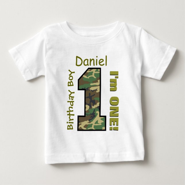 Camiseta De Bebé 1.ᵉʳ Nacimiento Camo Nombre personalizado de un añ (Anverso)