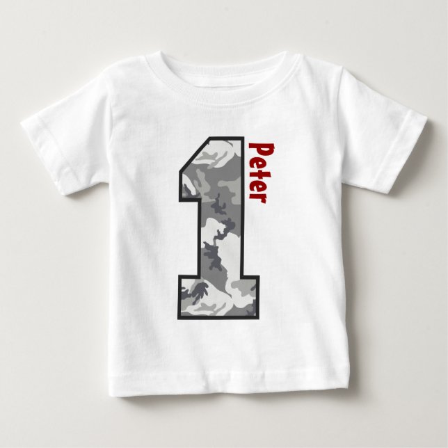 Camiseta De Bebé 1.ᵉʳ Nacimiento Camo Nombre personalizado de un añ (Anverso)