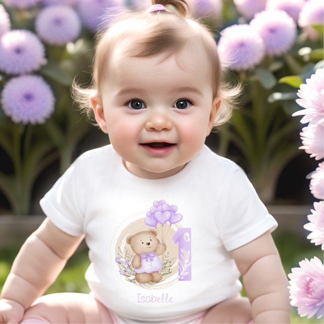 Camiseta De Bebé 1.ᵉʳ Nacimiento Cute Teddy Bear Púrpura (1st Birthday Cute Teddy Bear Purple Balloons Baby T-Shirt)