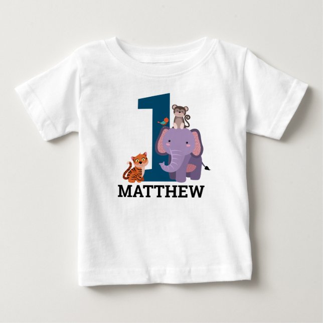 Camiseta De Bebé 1.ᵉʳ Nacimiento Dark Blue Jungle Animals Boy (Anverso)