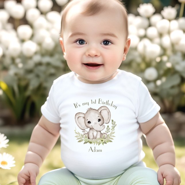 Camiseta De Bebé 1.ᵉʳ Nacimiento Elefante Nombre Verde (1st Birthday Boy Elephant Green Name Baby T-Shirt)