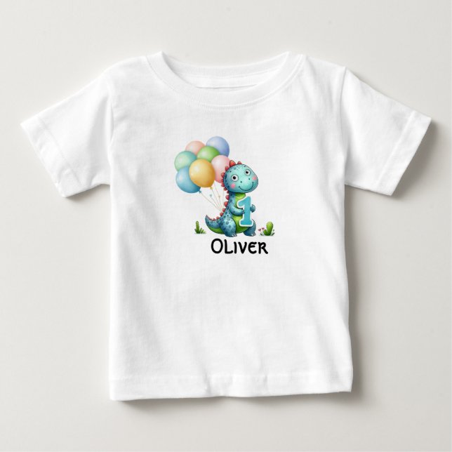 Camiseta De Bebé 1.ᵉʳ Nacimiento Niño Dinosaurio nombre personaliza (Anverso)