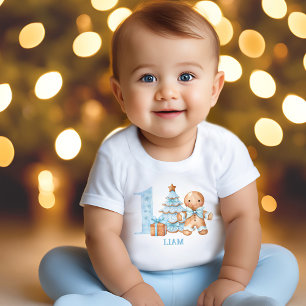 Camiseta De Bebé 1.ᵉʳ Navidades de cumpleaños Blue Gingerbread Man