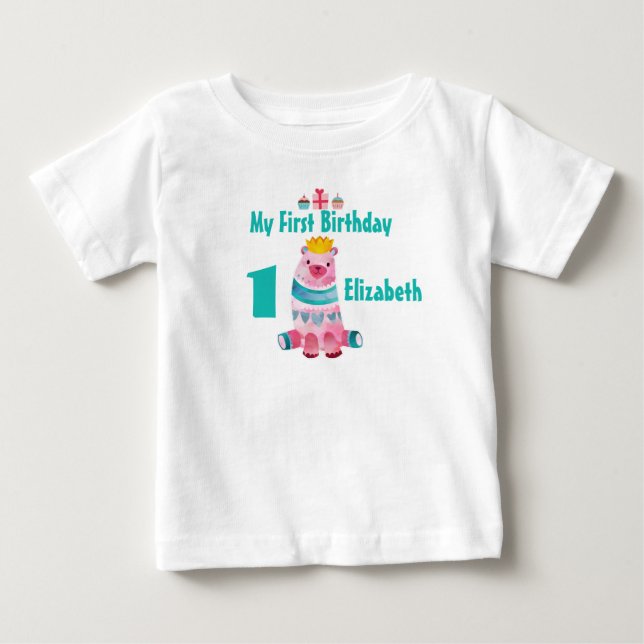 Camiseta De Bebé 1.ᵉʳ Oso de acuarela lindo de cumpleaños con coron (Anverso)