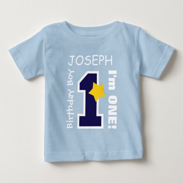 Camiseta De Bebé 1 AZUL AZUL de cumpleaños 1 año Nombre personaliza (Anverso)