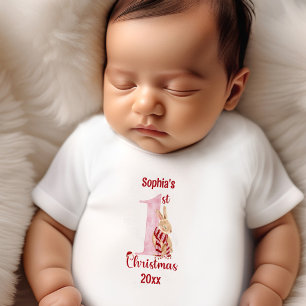 Camiseta De Bebé 1er Conejito Lindo Navidad Rosa Rojo Nombre Niña
